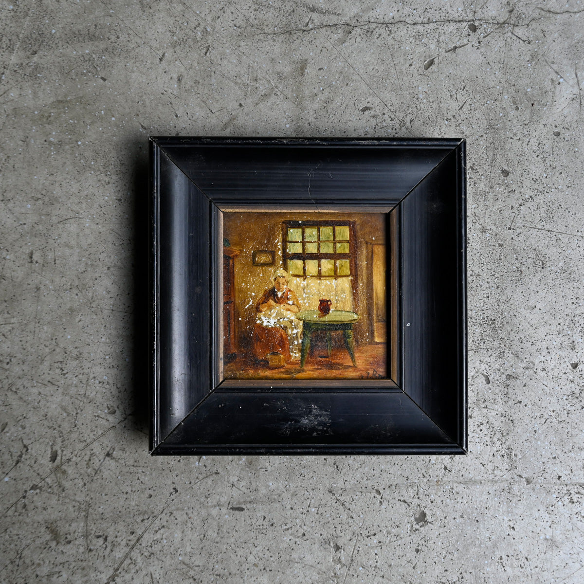 Antique Miniature Oil Painting in Black Wooden Frame{ F-00501 }