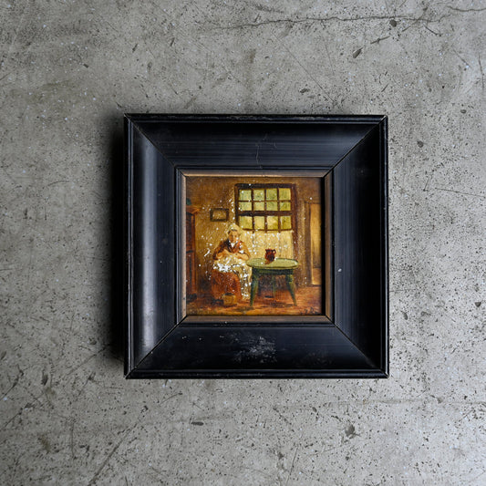 Antique Miniature Oil Painting in Black Wooden Frame{ F-00501 }