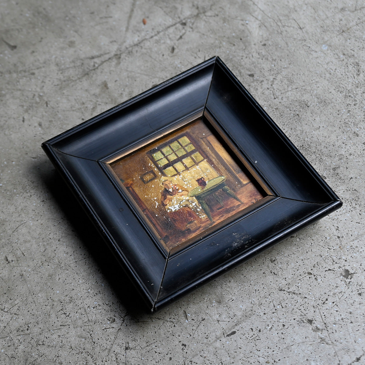 Antique Miniature Oil Painting in Black Wooden Frame{ F-00501 }