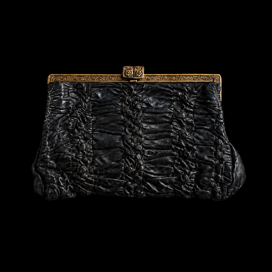 Black Leather Ruched Clutch Purse ｛RB-01207｝