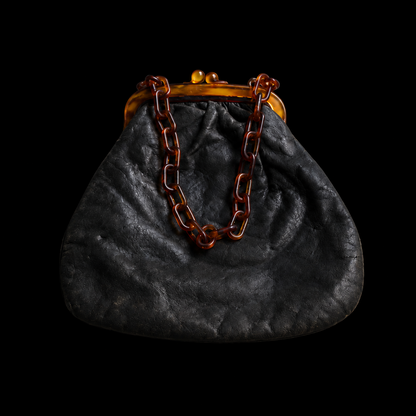Black Leather with tortoiseshell chain clutch purse ｛RB-01208｝