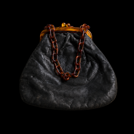 Black Leather with tortoiseshell chain clutch purse ｛RB-01208｝