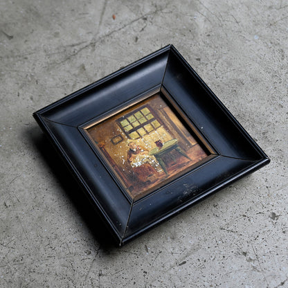 Antique Miniature Oil Painting in Black Wooden Frame｛ F-00501 ｝