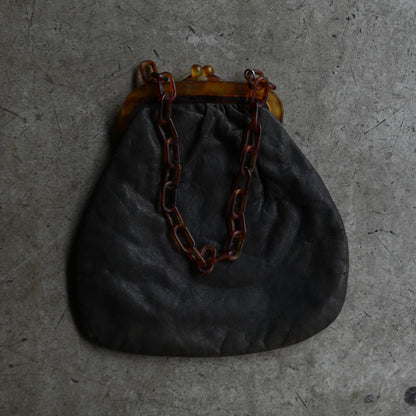 Black Leather with tortoiseshell chain clutch purse ｛RB-01208｝