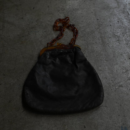 Black Leather with tortoiseshell chain clutch purse ｛RB-01208｝