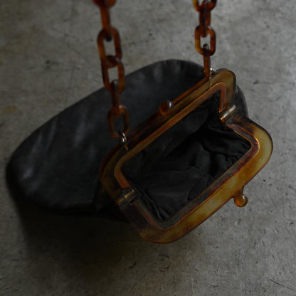 Black Leather with tortoiseshell chain clutch purse ｛RB-01208｝